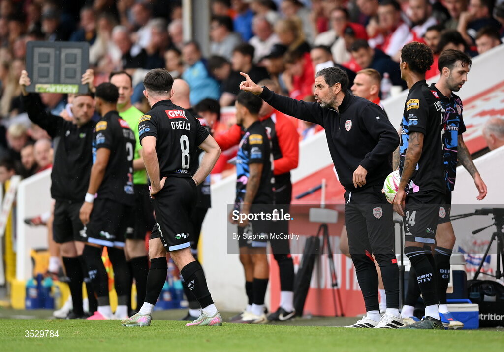 2 August 2026; Derry City manager Tiernan Lynch during the SSE Airtricity Men's Premier Division match between St Patrick's Athletic and Derry City at Richmond Park in Dublin. Photo by Stephen McCarthy/Sportsfile