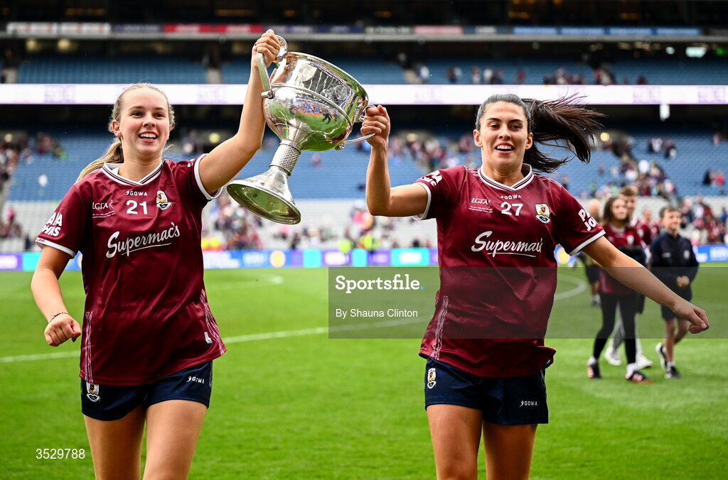 2 August 2026; Galway players Siún McGovern, left, and Ellen Power celebrate after the LGFA TG4 All-Ireland Senior Championship final match between Galway and Kerry at Croke Park in Dublin. Photo by Shauna Clinton/Sportsfile