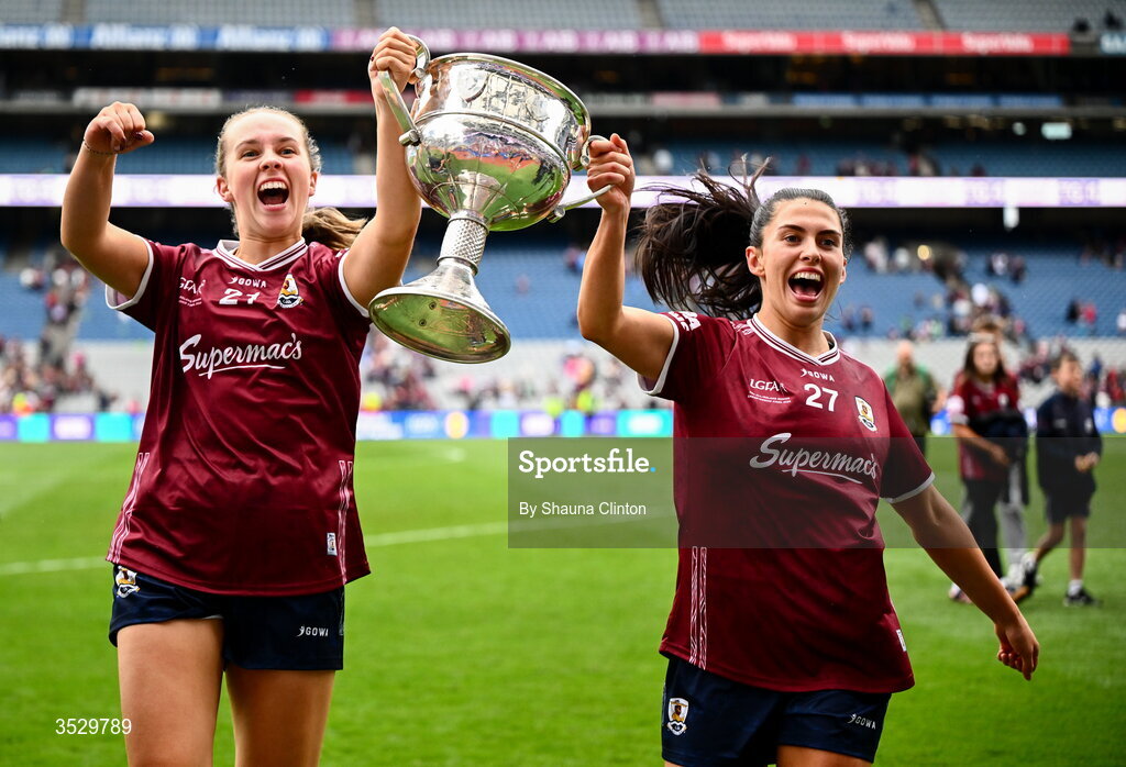 2 August 2026; Galway players Siún McGovern, left, and Ellen Power celebrate after the LGFA TG4 All-Ireland Senior Championship final match between Galway and Kerry at Croke Park in Dublin. Photo by Shauna Clinton/Sportsfile