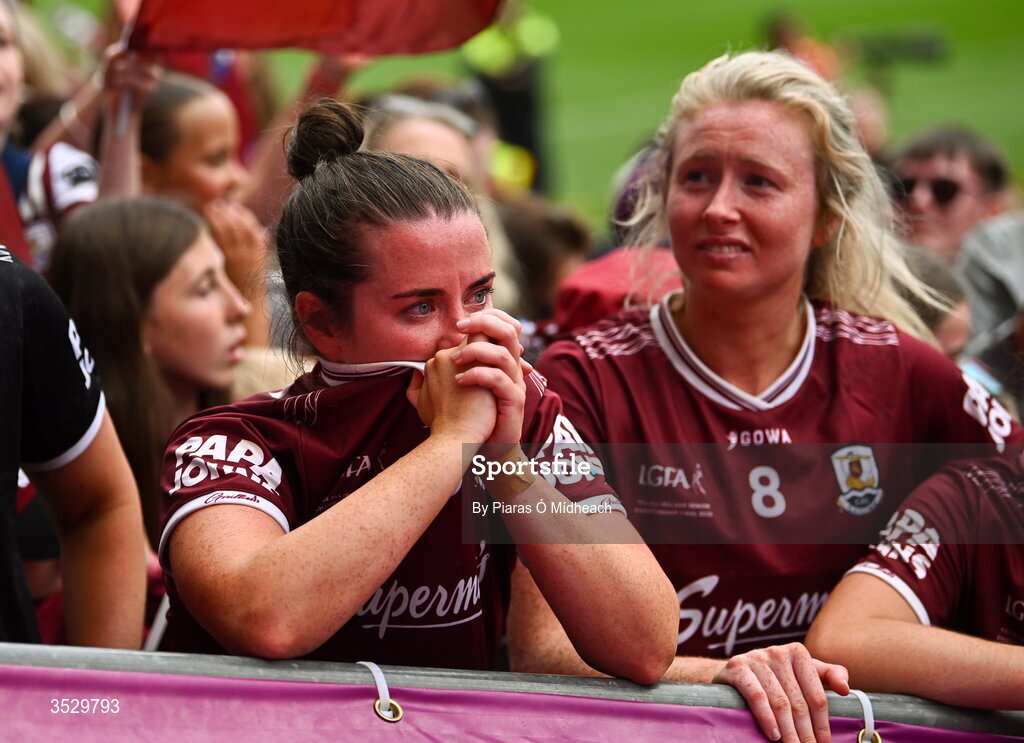 2 August 2026; Róisín Leonard of Galway during the victory speech after the LGFA TG4 All-Ireland Senior Championship final match between Galway and Kerry at Croke Park in Dublin. Photo by Piaras Ó Mídheach/Sportsfile
