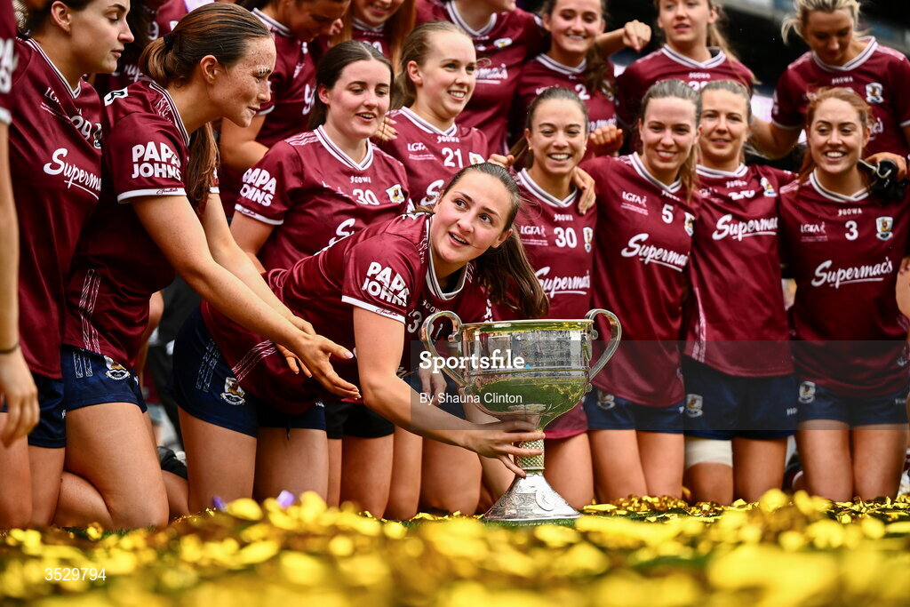 2 August 2026; Galway players Sarah Ní Loingsigh, centre, and team-mates celebrate after the LGFA TG4 All-Ireland Senior Championship final match between Galway and Kerry at Croke Park in Dublin. Photo by Shauna Clinton/Sportsfile