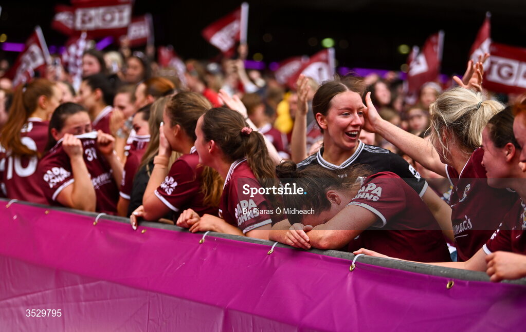 2 August 2026; Róisín Leonard of Galway takes a moment before the cup was presented with Galway captain Kate Geraghty after the LGFA TG4 All-Ireland Senior Championship final match between Galway and Kerry at Croke Park in Dublin. Photo by Piaras Ó Mídheach/Sportsfile