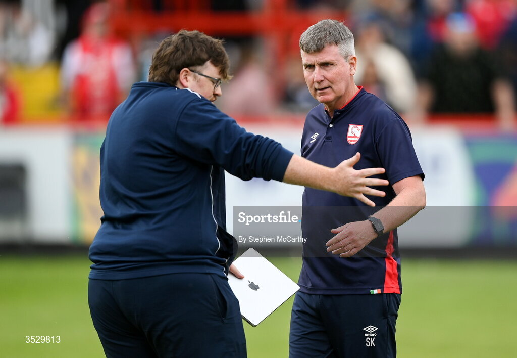 2 August 2026; St Patrick's Athletic manager Stephen Kenny and analyst Chris Jenkins after the SSE Airtricity Men's Premier Division match between St Patrick's Athletic and Derry City at Richmond Park in Dublin. Photo by Stephen McCarthy/Sportsfile
