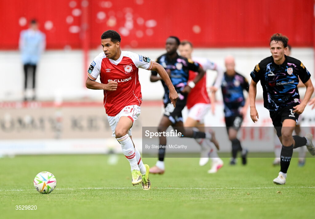 2 August 2026; Anthony Olusanya of St Patrick's Athletic during the SSE Airtricity Men's Premier Division match between St Patrick's Athletic and Derry City at Richmond Park in Dublin. Photo by Stephen McCarthy/Sportsfile