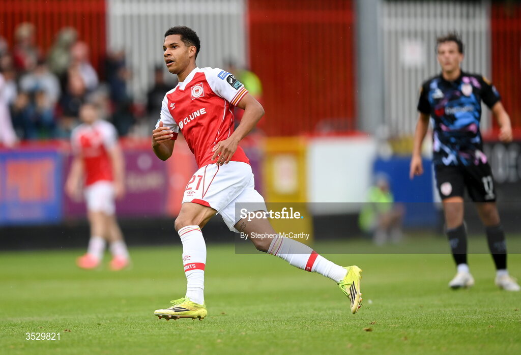 2 August 2026; Anthony Olusanya of St Patrick's Athletic during the SSE Airtricity Men's Premier Division match between St Patrick's Athletic and Derry City at Richmond Park in Dublin. Photo by Stephen McCarthy/Sportsfile