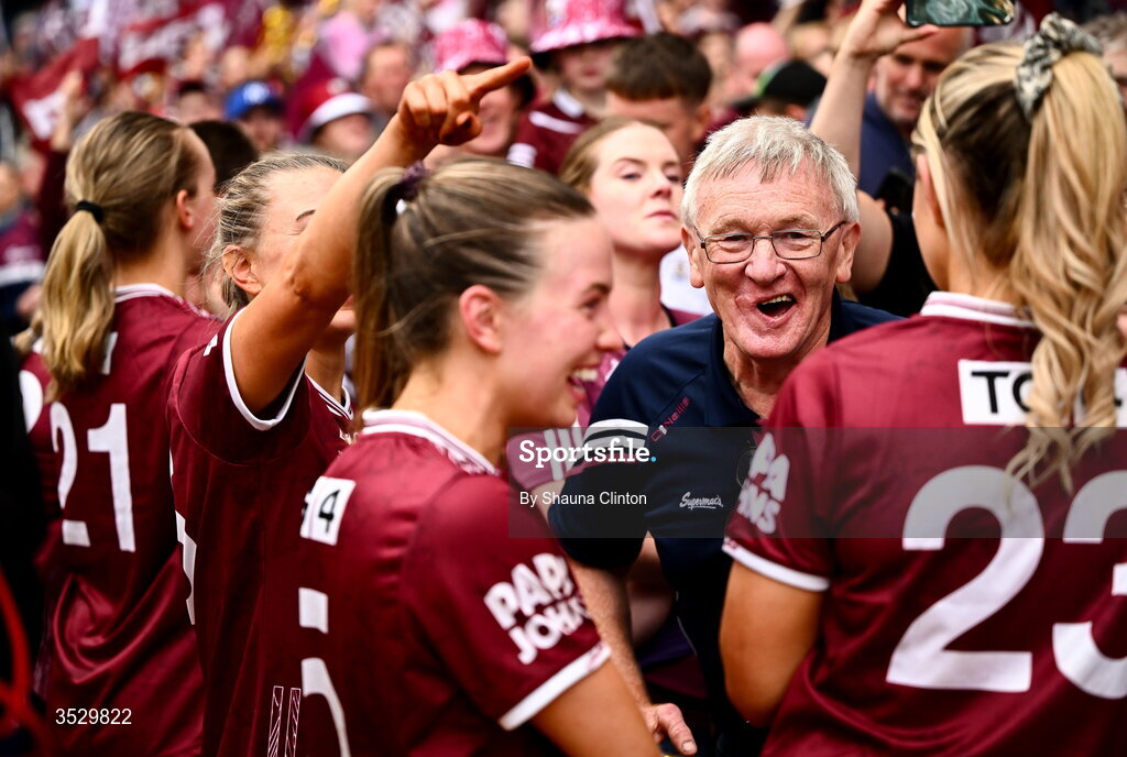 2 August 2026; Michael Divilly, father of Galway players and sisters Siobhán, Niamh and Olivia, celebrates with players after the LGFA TG4 All-Ireland Senior Championship final match between Galway and Kerry at Croke Park in Dublin. Photo by Shauna Clinton/Sportsfile