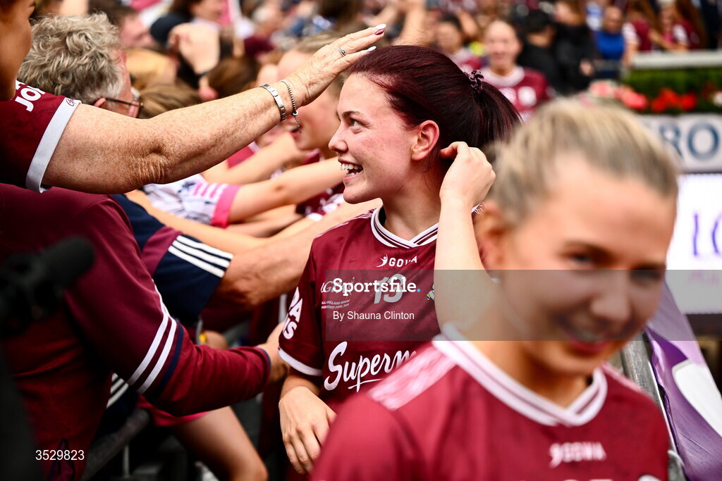 2 August 2026; Eva Noone of Galway celebrates with supporters after the LGFA TG4 All-Ireland Senior Championship final match between Galway and Kerry at Croke Park in Dublin. Photo by Shauna Clinton/Sportsfile