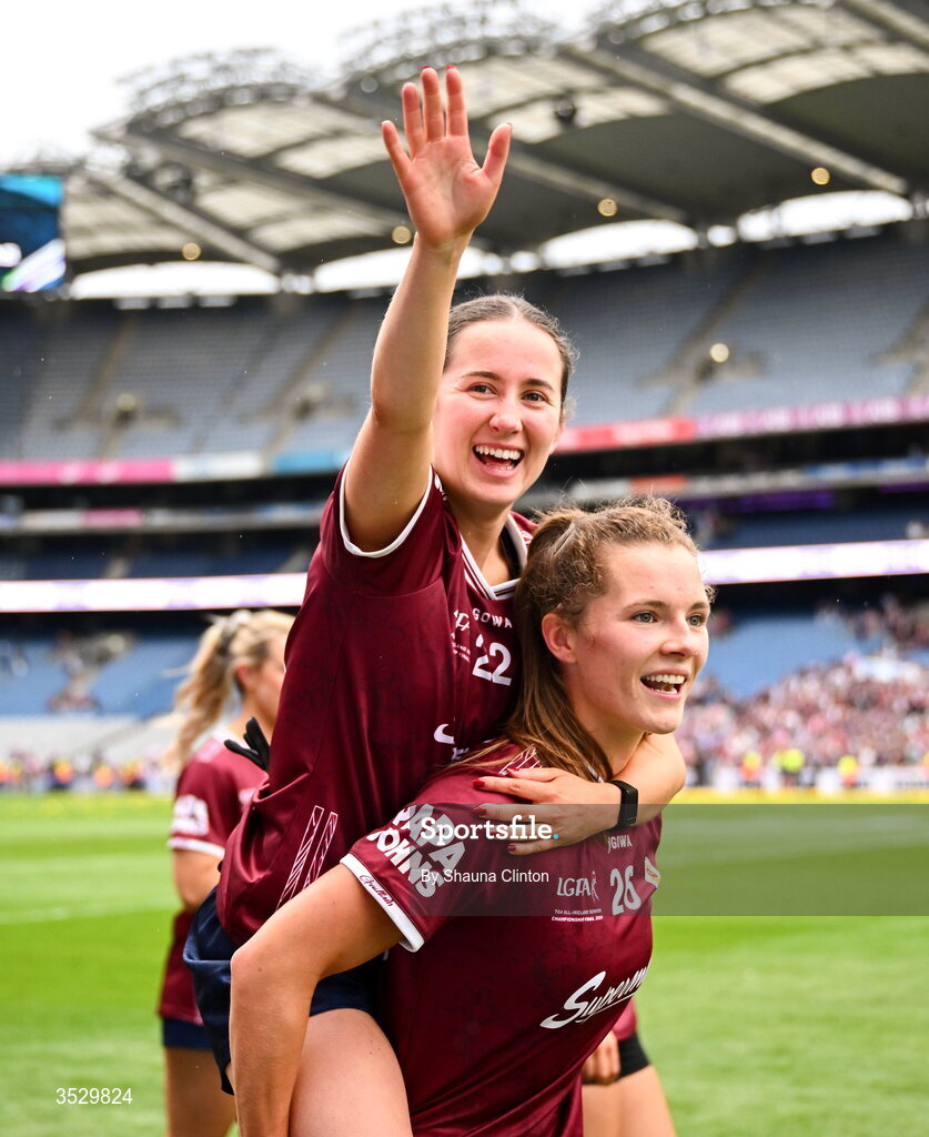 2 August 2026; Galway players Aoife Molloy, left, and Ríona Quinn celebrate after the LGFA TG4 All-Ireland Senior Championship final match between Galway and Kerry at Croke Park in Dublin. Photo by Shauna Clinton/Sportsfile
