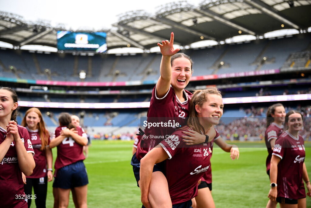 2 August 2026; Galway players Aoife Molloy, left, and Ríona Quinn celebrate after the LGFA TG4 All-Ireland Senior Championship final match between Galway and Kerry at Croke Park in Dublin. Photo by Shauna Clinton/Sportsfile