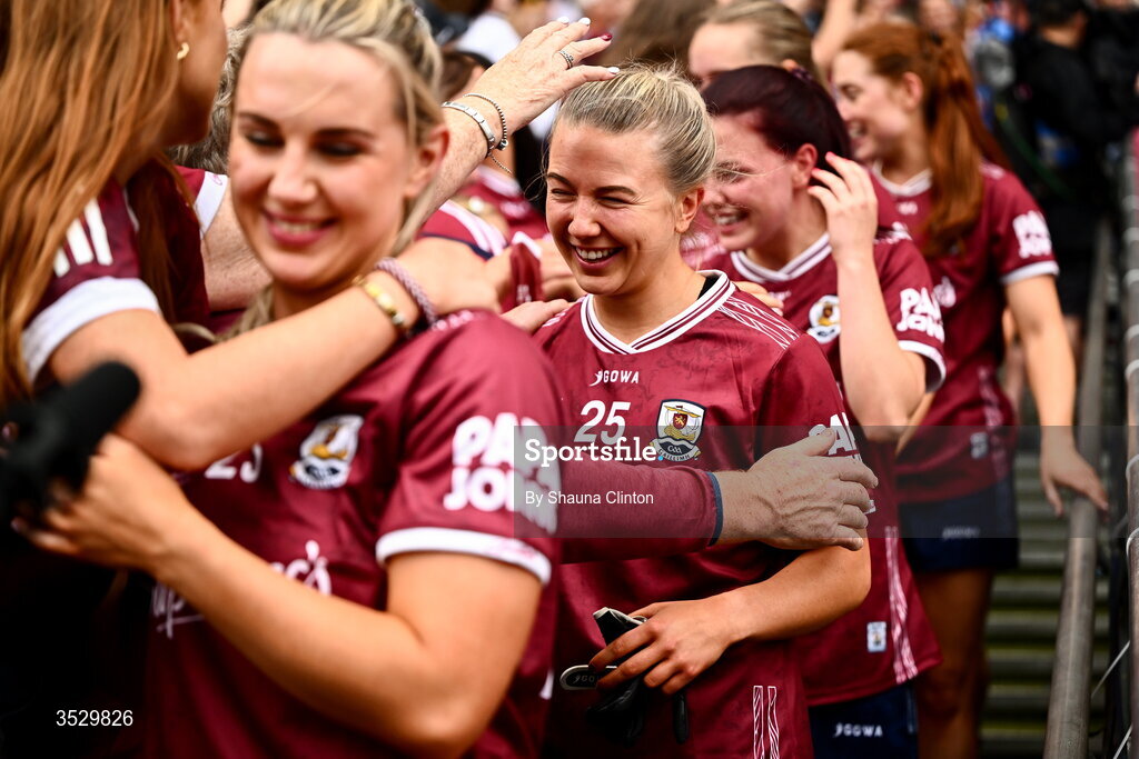 2 August 2026; Lynsey Noone of Galway celebrates with supporters after the LGFA TG4 All-Ireland Senior Championship final match between Galway and Kerry at Croke Park in Dublin. Photo by Shauna Clinton/Sportsfile