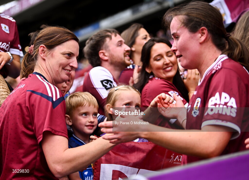 2 August 2026; 2004 Galway All-Ireland winning captain Annette Clarke, left, celebrates with Nicola Ward of Galway celebrates after the LGFA TG4 All-Ireland Senior Championship final match between Galway and Kerry at Croke Park in Dublin. Photo by Piaras Ó Mídheach/Sportsfile