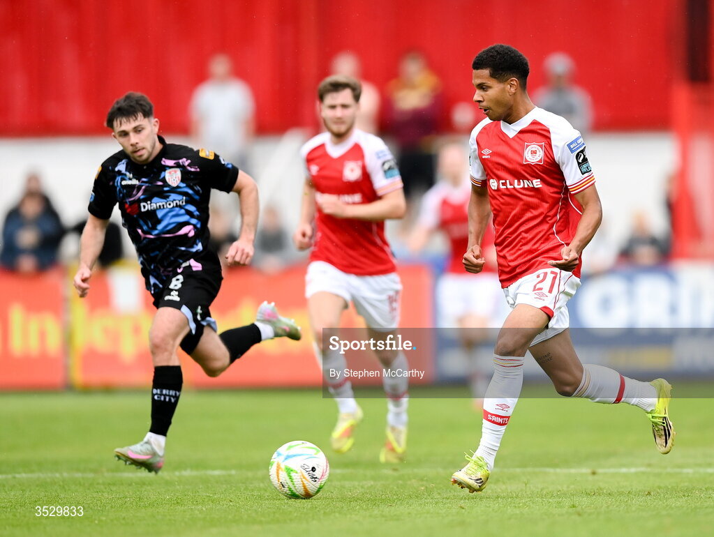 2 August 2026; Anthony Olusanya of St Patrick's Athletic during the SSE Airtricity Men's Premier Division match between St Patrick's Athletic and Derry City at Richmond Park in Dublin. Photo by Stephen McCarthy/Sportsfile