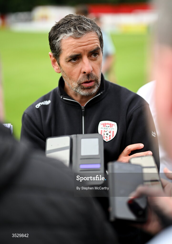 2 August 2026; Derry City manager Tiernan Lynch speaks to media after the SSE Airtricity Men's Premier Division match between St Patrick's Athletic and Derry City at Richmond Park in Dublin. Photo by Stephen McCarthy/Sportsfile
