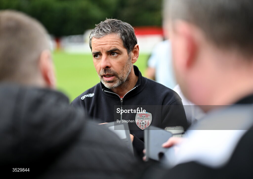 2 August 2026; Derry City manager Tiernan Lynch speaks to media after the SSE Airtricity Men's Premier Division match between St Patrick's Athletic and Derry City at Richmond Park in Dublin. Photo by Stephen McCarthy/Sportsfile