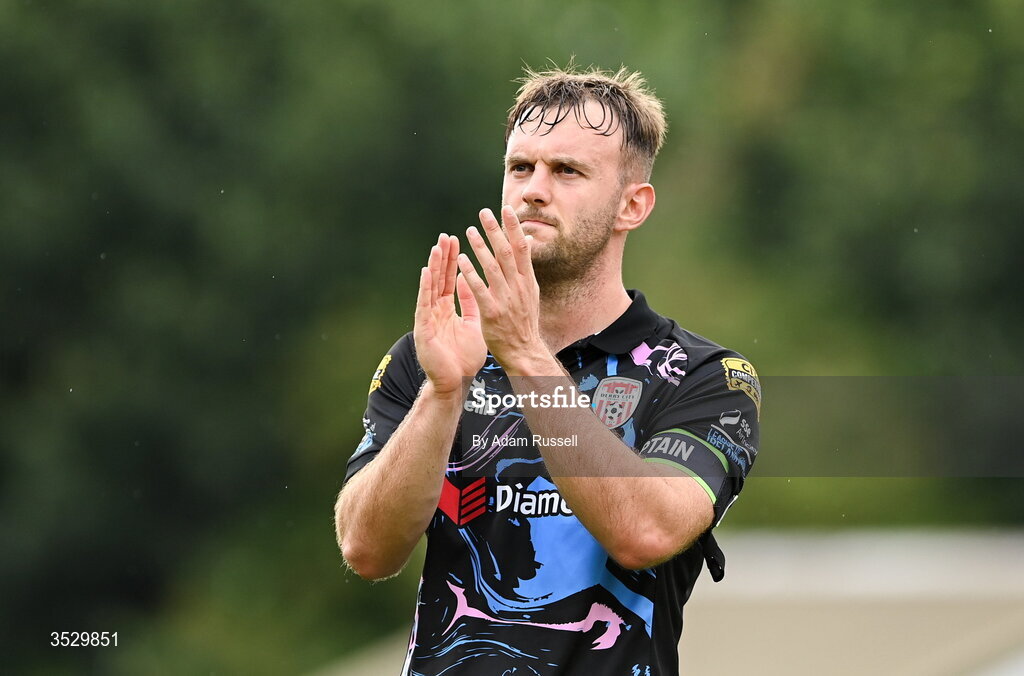 2 August 2026; Jamie Stott of Derry City acknowledges his side's supporters after the SSE Airtricity Men's Premier Division match between St Patrick's Athletic and Derry City at Richmond Park in Dublin. Photo by Adam Russell/Sportsfile