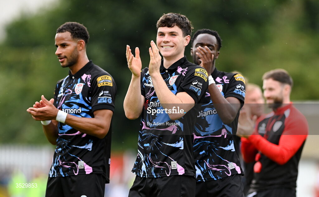 2 August 2026; James Clarke of Derry City acknowledges his side's supporters after the SSE Airtricity Men's Premier Division match between St Patrick's Athletic and Derry City at Richmond Park in Dublin. Photo by Adam Russell/Sportsfile