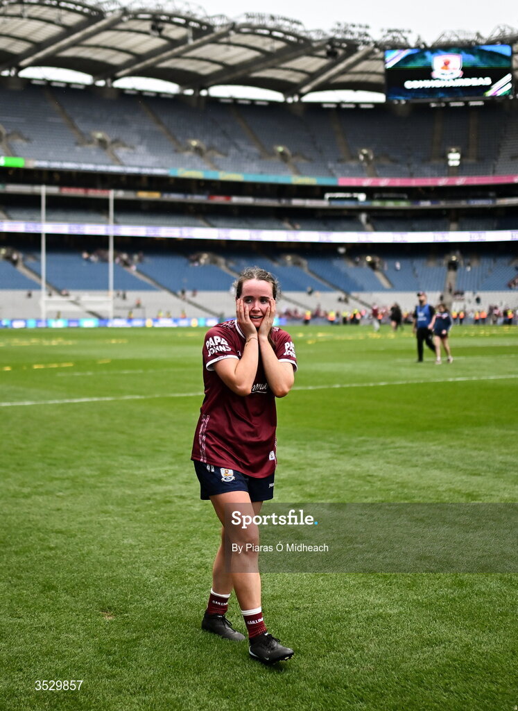 2 August 2026; Nicola Ward of Galway celebrates after victory in the LGFA TG4 All-Ireland Senior Championship final match between Galway and Kerry at Croke Park in Dublin. Photo by Piaras Ó Mídheach/Sportsfile