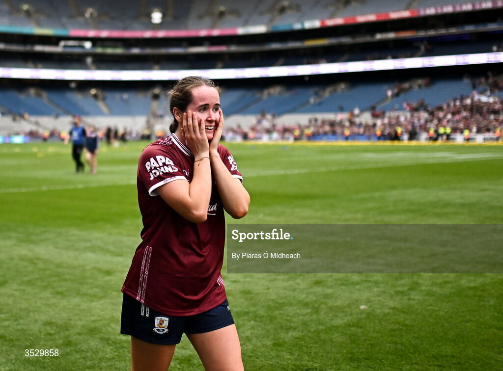 2 August 2026; Nicola Ward of Galway celebrates after victory in the LGFA TG4 All-Ireland Senior Championship final match between Galway and Kerry at Croke Park in Dublin. Photo by Piaras Ó Mídheach/Sportsfile