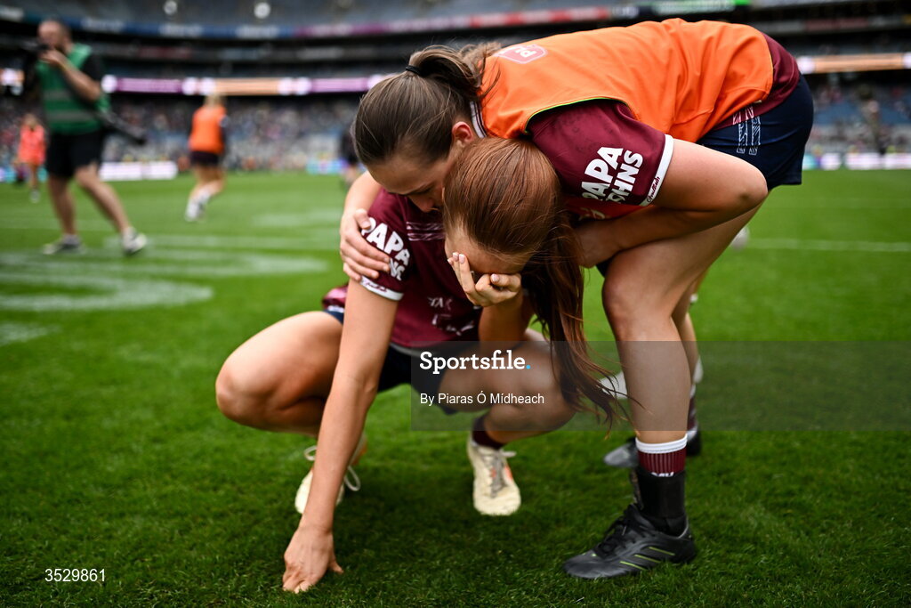 2 August 2026; Galway players Olivia Divilly and Andrea Trill, right, celebrate after victory in the LGFA TG4 All-Ireland Senior Championship final match between Galway and Kerry at Croke Park in Dublin. Photo by Piaras Ó Mídheach/Sportsfile
