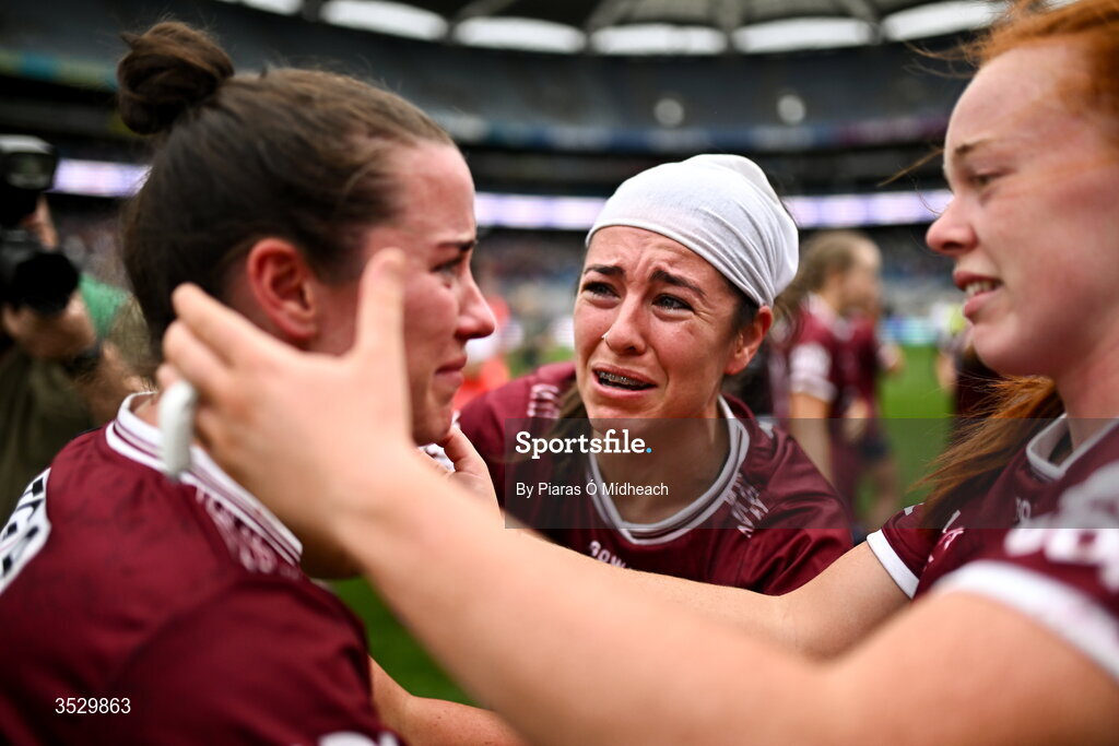 2 August 2026; Roisin Leonard, Shauna Hynes, and Kate Slevin of Galway celebrate their win in the LGFA TG4 All-Ireland Senior Championship final match between Galway and Kerry at Croke Park in Dublin. Photo by Piaras Ó Mídheach/Sportsfile