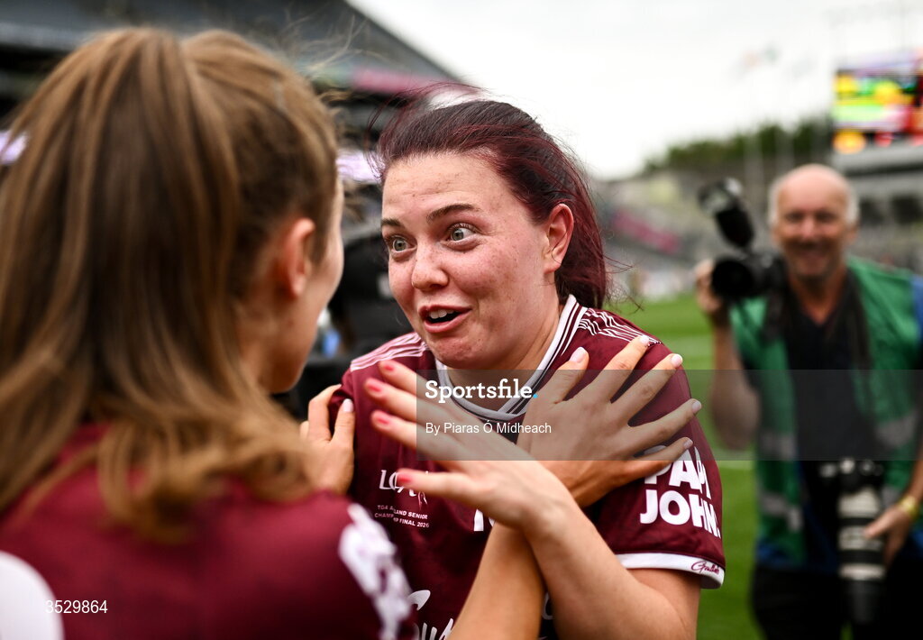 2 August 2026; Galway players Eva Noone, right, and Aoife Ní Ruairc celebrate after the LGFA TG4 All-Ireland Senior Championship final match between Galway and Kerry at Croke Park in Dublin. Photo by Piaras Ó Mídheach/Sportsfile