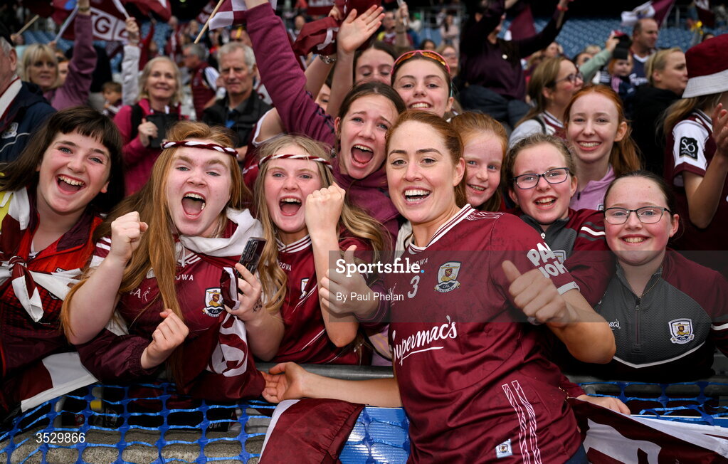 2 August 2026; Sarah Ní Loingsigh of Galway celebrates with supporters after winning the LGFA TG4 All-Ireland Senior Championship final match between Galway and Kerry at Croke Park in Dublin. Photo by Paul Phelan/Sportsfile