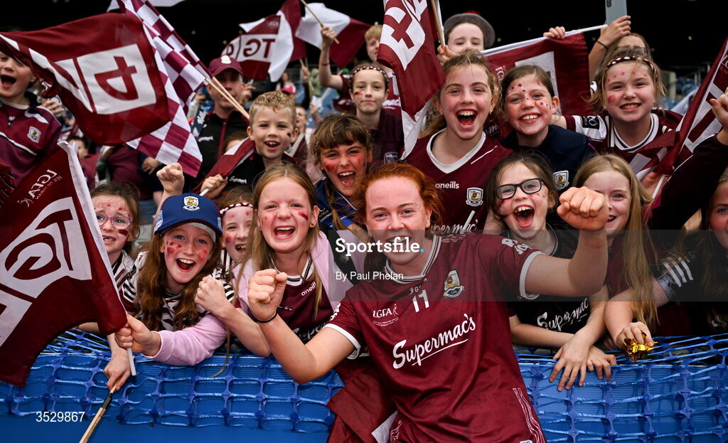 2 August 2026; Kate Slevin of Galway celebrates with supporters after winning the LGFA TG4 All-Ireland Senior Championship final match between Galway and Kerry at Croke Park in Dublin. Photo by Paul Phelan/Sportsfile