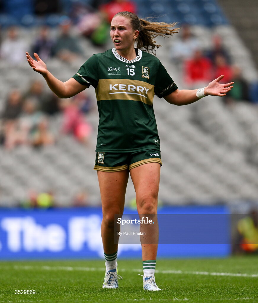 2 August 2026; Síofra O’Shea of Kerry reacts during the LGFA TG4 All-Ireland Senior Championship final match between Galway and Kerry at Croke Park in Dublin. Photo by Paul Phelan/Sportsfile