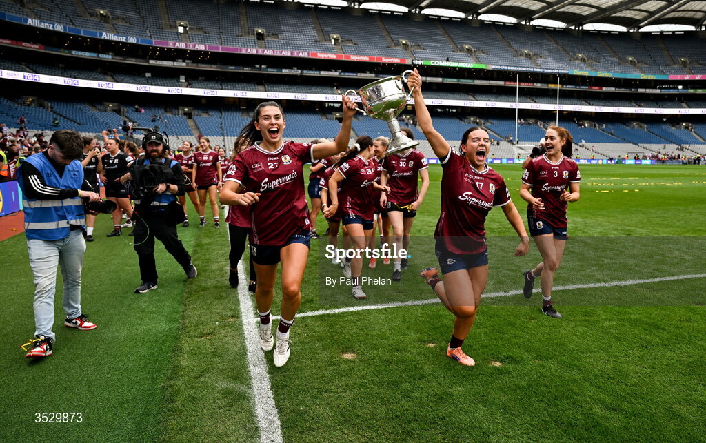 2 August 2026; Ellen Power and Sophie Healy of Galway celebrate with the Brendan Martin cup after winning the LGFA TG4 All-Ireland Senior Championship final match between Galway and Kerry at Croke Park in Dublin. Photo by Paul Phelan/Sportsfile