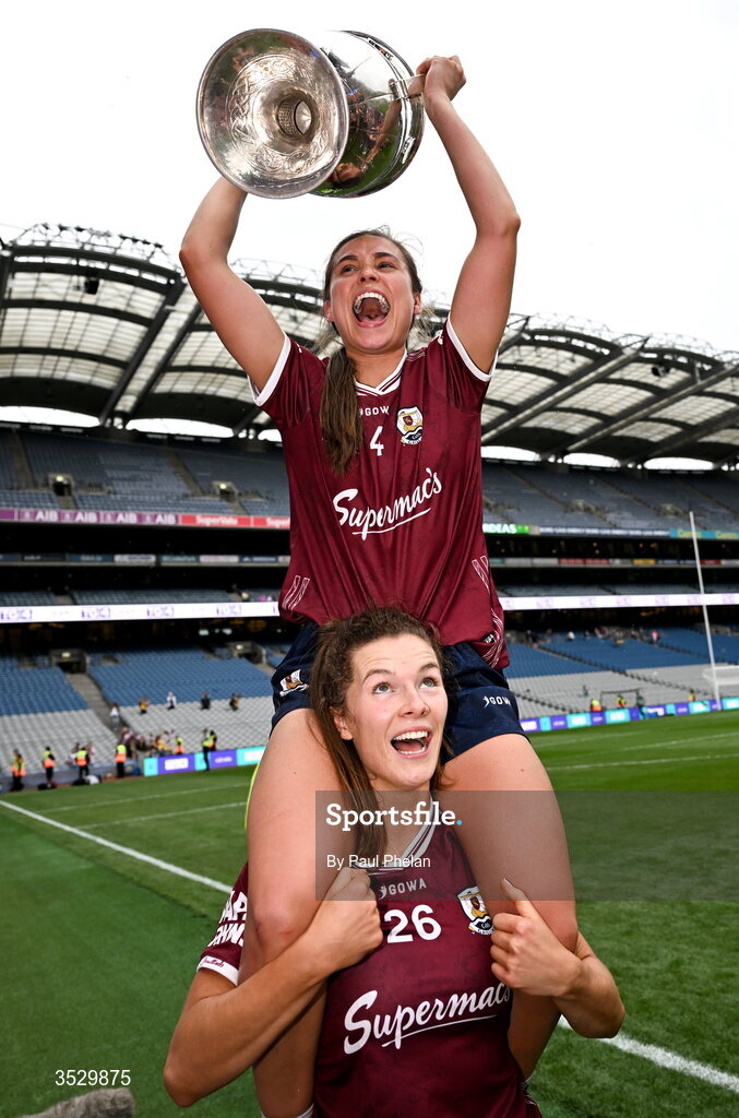 2 August 2026; Galway captain Kate Geraghty lifts the Brendan Martin cup on the shoulders of Aoife Ní Ruairc celebrate after winning the LGFA TG4 All-Ireland Senior Championship final match between Galway and Kerry at Croke Park in Dublin. Photo by Paul Phelan/Sportsfile