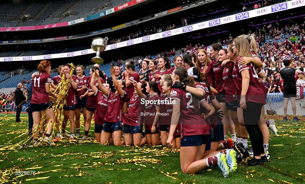 2 August 2026; Galway celebrate with the Brendan Martin cup after winning the LGFA TG4 All-Ireland Senior Championship final match between Galway and Kerry at Croke Park in Dublin. Photo by Paul Phelan/Sportsfile