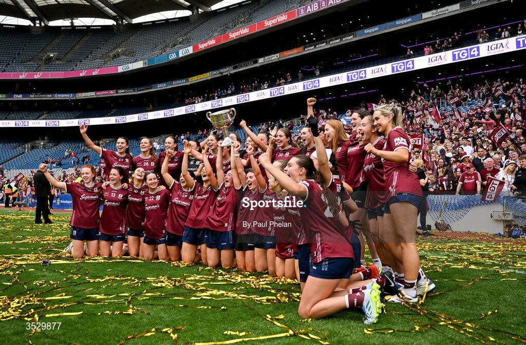 2 August 2026; Galway celebrate with the Brendan Martin cup after winning the LGFA TG4 All-Ireland Senior Championship final match between Galway and Kerry at Croke Park in Dublin. Photo by Paul Phelan/Sportsfile