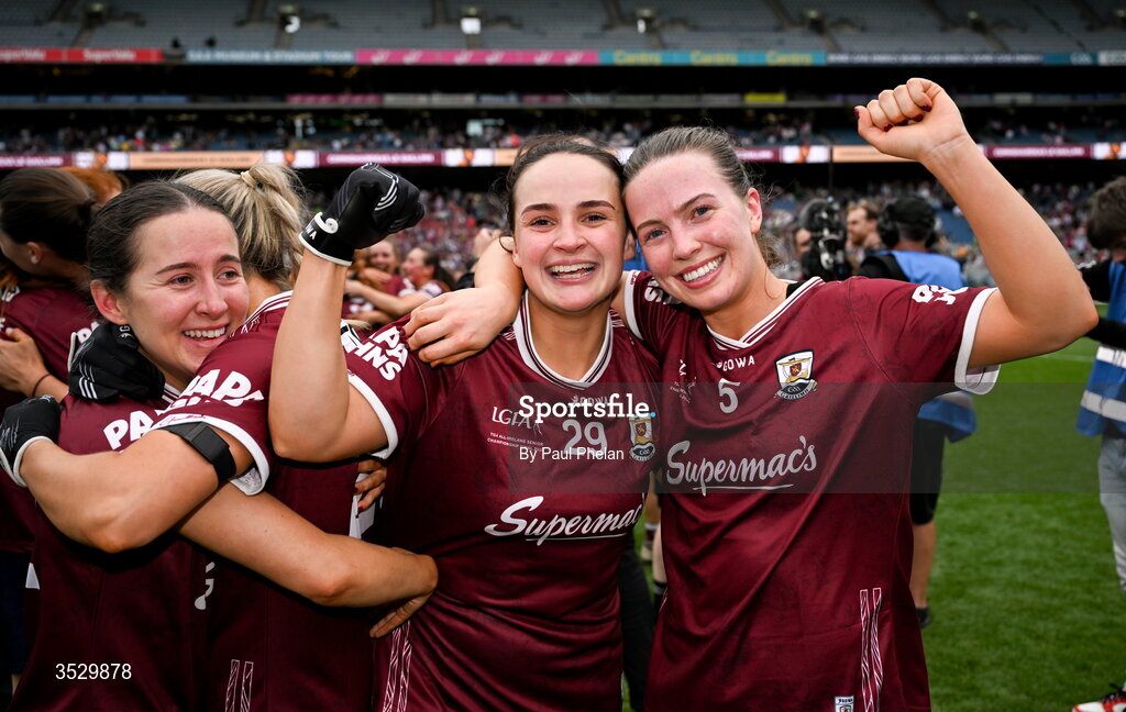 2 August 2026; Andrea Trill and Hannah Noone celebrate after winning the LGFA TG4 All-Ireland Senior Championship final match between Galway and Kerry at Croke Park in Dublin. Photo by Paul Phelan/Sportsfile