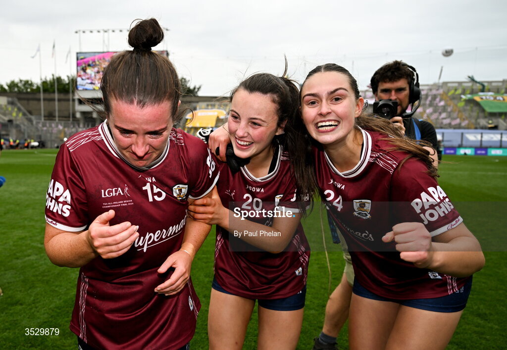 2 August 2026; Róisín Leonard, Hannah Mangan and Shíofra Ní Scanláin of Galway celebrate after winning the LGFA TG4 All-Ireland Senior Championship final match between Galway and Kerry at Croke Park in Dublin. Photo by Paul Phelan/Sportsfile