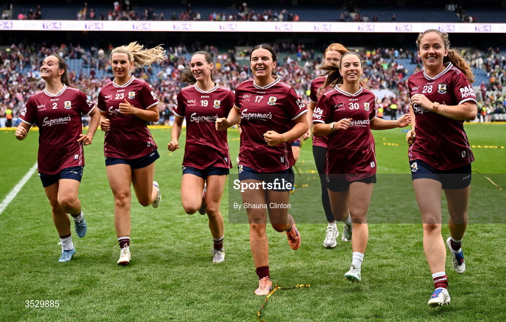 2 August 2026; Galway players celebrate after the LGFA TG4 All-Ireland Senior Championship final match between Galway and Kerry at Croke Park in Dublin. Photo by Shauna Clinton/Sportsfile