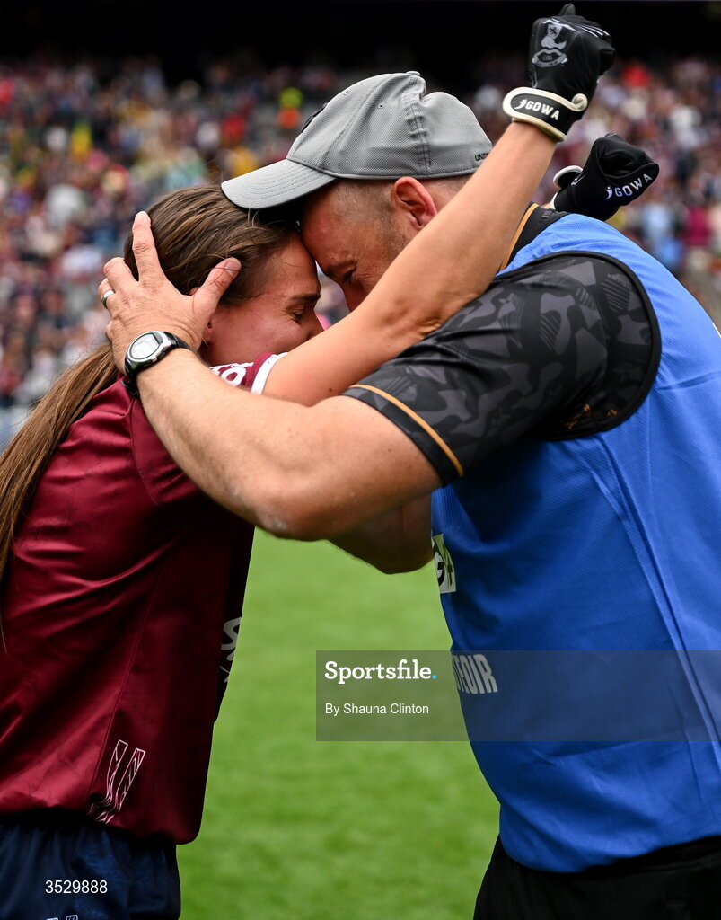 2 August 2026; Kate Geraghty of Galway celebrates with Galway manager Daniel Moynihan after the LGFA TG4 All-Ireland Senior Championship final match between Galway and Kerry at Croke Park in Dublin. Photo by Shauna Clinton/Sportsfile