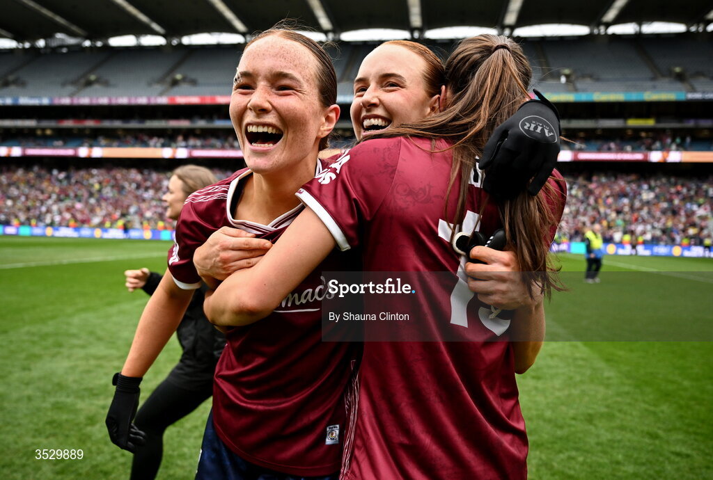 2 August 2026; Galway players, from left, Niamh Divilly, Siobhán Divilly and Aisling Madden celebrate after the LGFA TG4 All-Ireland Senior Championship final match between Galway and Kerry at Croke Park in Dublin. Photo by Shauna Clinton/Sportsfile