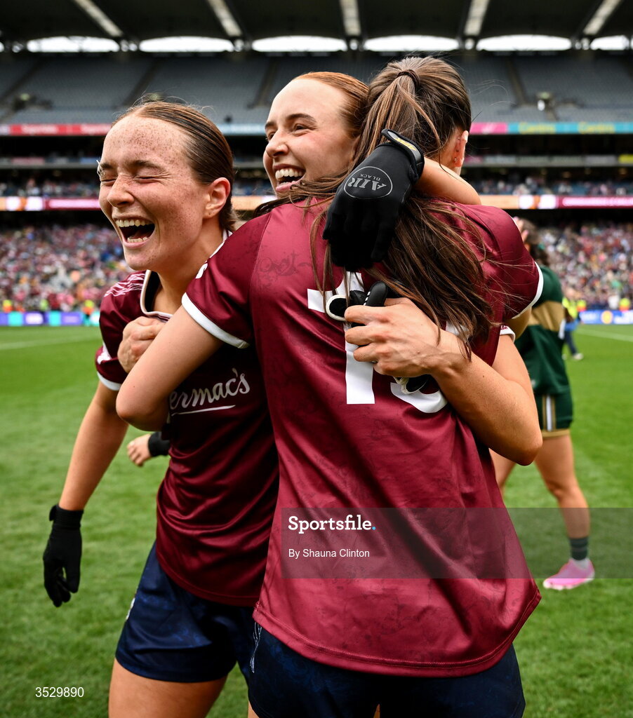 2 August 2026; Galway players, from left, Niamh Divilly, Siobhán Divilly and Aisling Madden celebrate after the LGFA TG4 All-Ireland Senior Championship final match between Galway and Kerry at Croke Park in Dublin. Photo by Shauna Clinton/Sportsfile