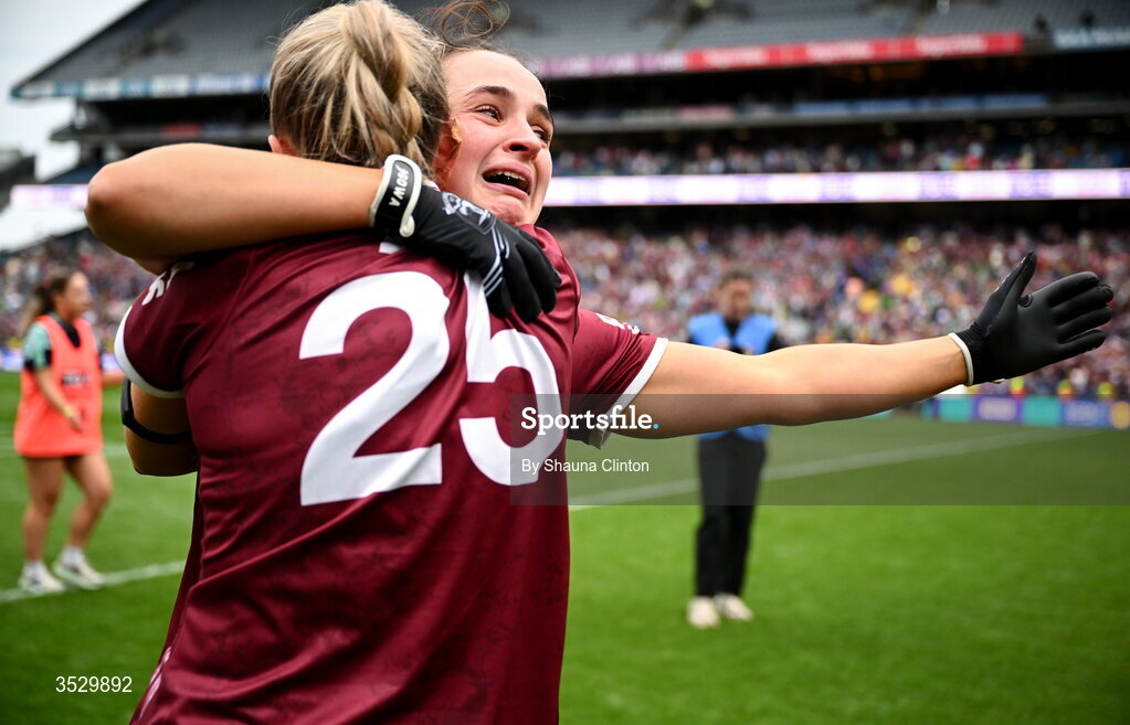 2 August 2026; Galway players celebrate after the LGFA TG4 All-Ireland Senior Championship final match between Galway and Kerry at Croke Park in Dublin. Photo by Shauna Clinton/Sportsfile