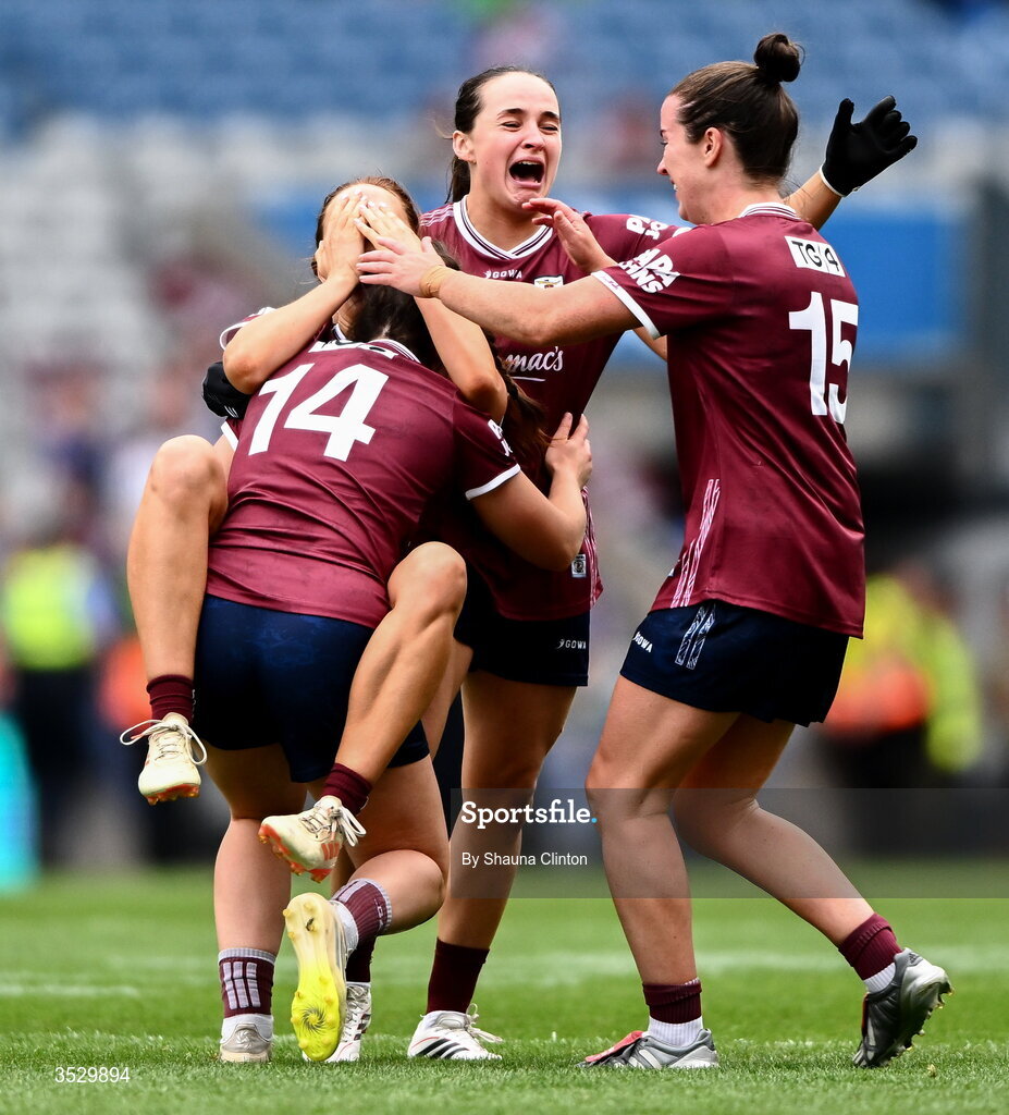 2 August 2026; Galway players, from left, Leanne Coen, Olivia Divilly, Andrea Trill and Róisín Leonard celebrate at the final whistle of the LGFA TG4 All-Ireland Senior Championship final match between Galway and Kerry at Croke Park in Dublin. Photo by Shauna Clinton/Sportsfile