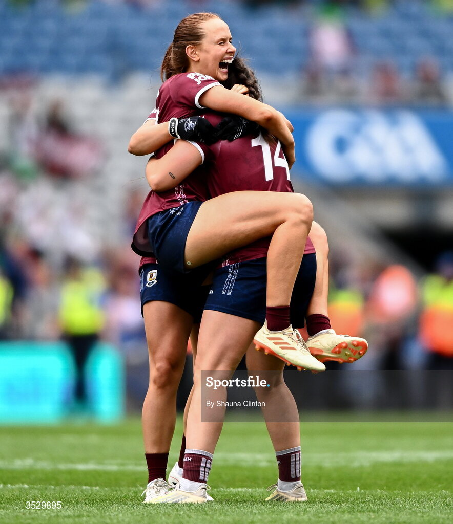 2 August 2026; Olivia Divilly, left, and Leanne Coen of Galway celebrate at the final whistle of the LGFA TG4 All-Ireland Senior Championship final match between Galway and Kerry at Croke Park in Dublin. Photo by Shauna Clinton/Sportsfile