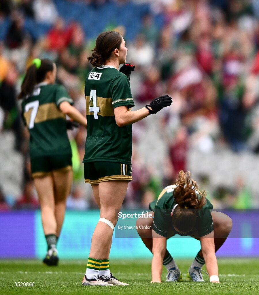 2 August 2026; Kerry players react at the final whistle of the LGFA TG4 All-Ireland Senior Championship final match between Galway and Kerry at Croke Park in Dublin. Photo by Shauna Clinton/Sportsfile