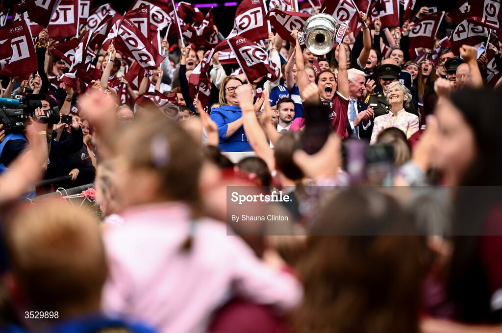 2 August 2026; Kate Geraghty of Galway lifts the Brendan Martin Cup after the LGFA TG4 All-Ireland Senior Championship final match between Galway and Kerry at Croke Park in Dublin. Photo by Shauna Clinton/Sportsfile