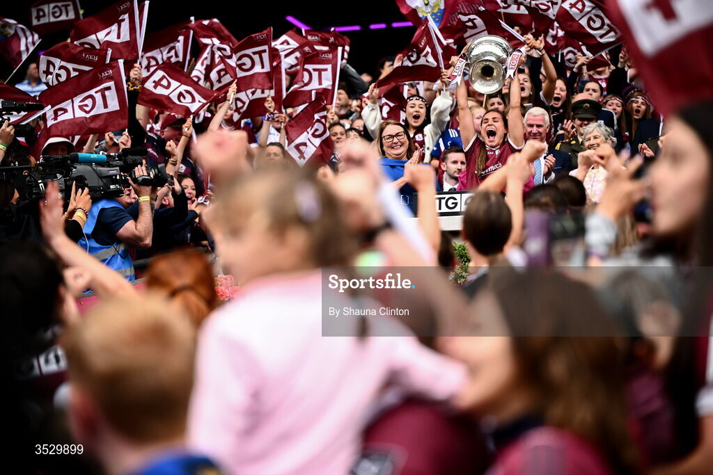 2 August 2026; Kate Geraghty of Galway lifts the Brendan Martin Cup after the LGFA TG4 All-Ireland Senior Championship final match between Galway and Kerry at Croke Park in Dublin. Photo by Shauna Clinton/Sportsfile
