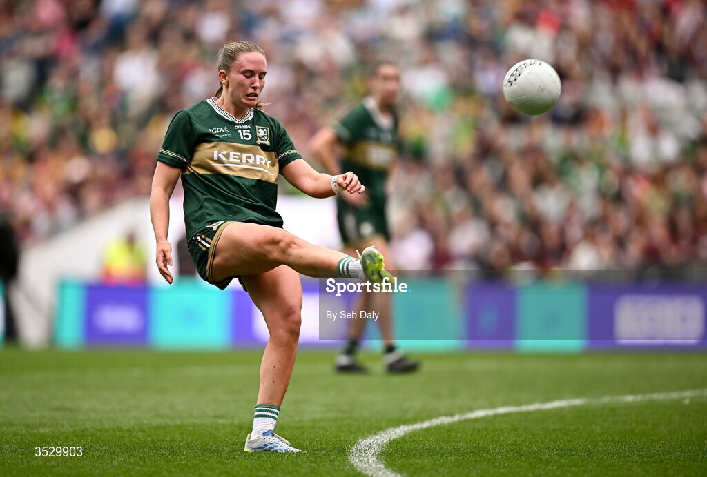 2 August 2026; Síofra O’Shea of Kerry attempts to convert a free in the last minute during the LGFA TG4 All-Ireland Senior Championship final match between Galway and Kerry at Croke Park in Dublin. Photo by Seb Daly/Sportsfile