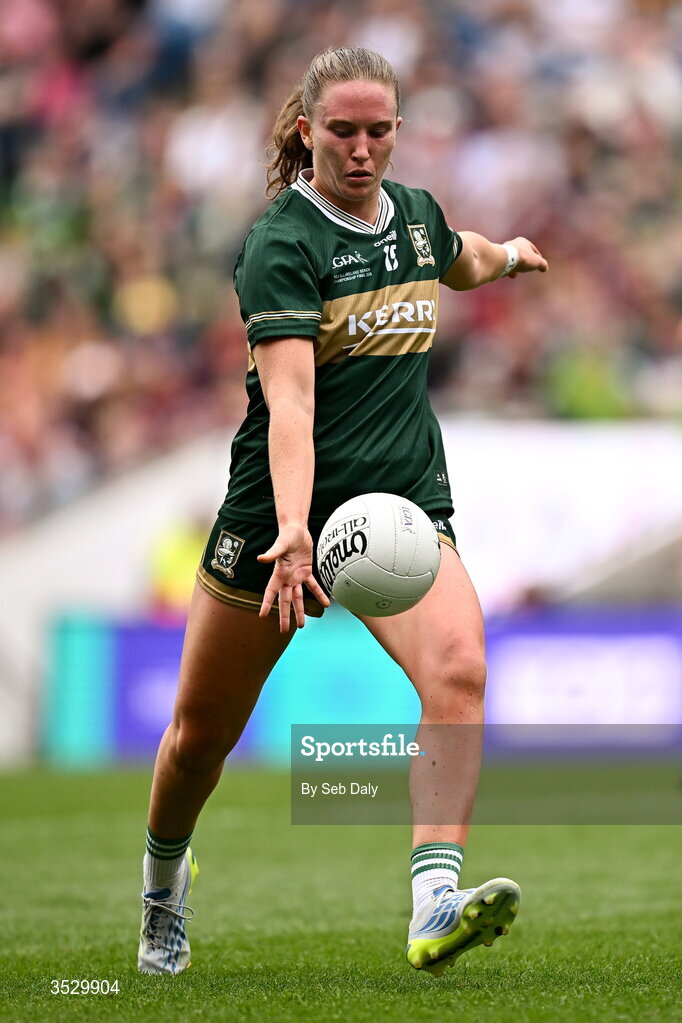 2 August 2026; Síofra O’Shea of Kerry attempts to convert a free in the last minute during the LGFA TG4 All-Ireland Senior Championship final match between Galway and Kerry at Croke Park in Dublin. Photo by Seb Daly/Sportsfile