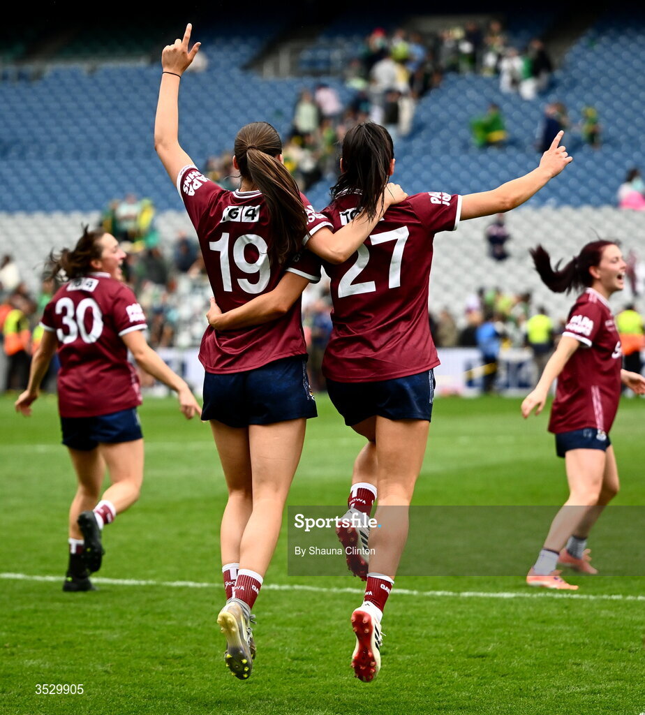 2 August 2026; Galway players Aisling Madden, left, and Sophie Healy celebrate after the LGFA TG4 All-Ireland Senior Championship final match between Galway and Kerry at Croke Park in Dublin. Photo by Shauna Clinton/Sportsfile