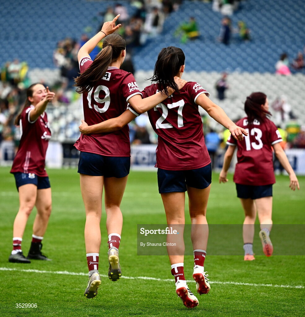 2 August 2026; Galway players Aisling Madden, left, and Sophie Healy celebrate after the LGFA TG4 All-Ireland Senior Championship final match between Galway and Kerry at Croke Park in Dublin. Photo by Shauna Clinton/Sportsfile