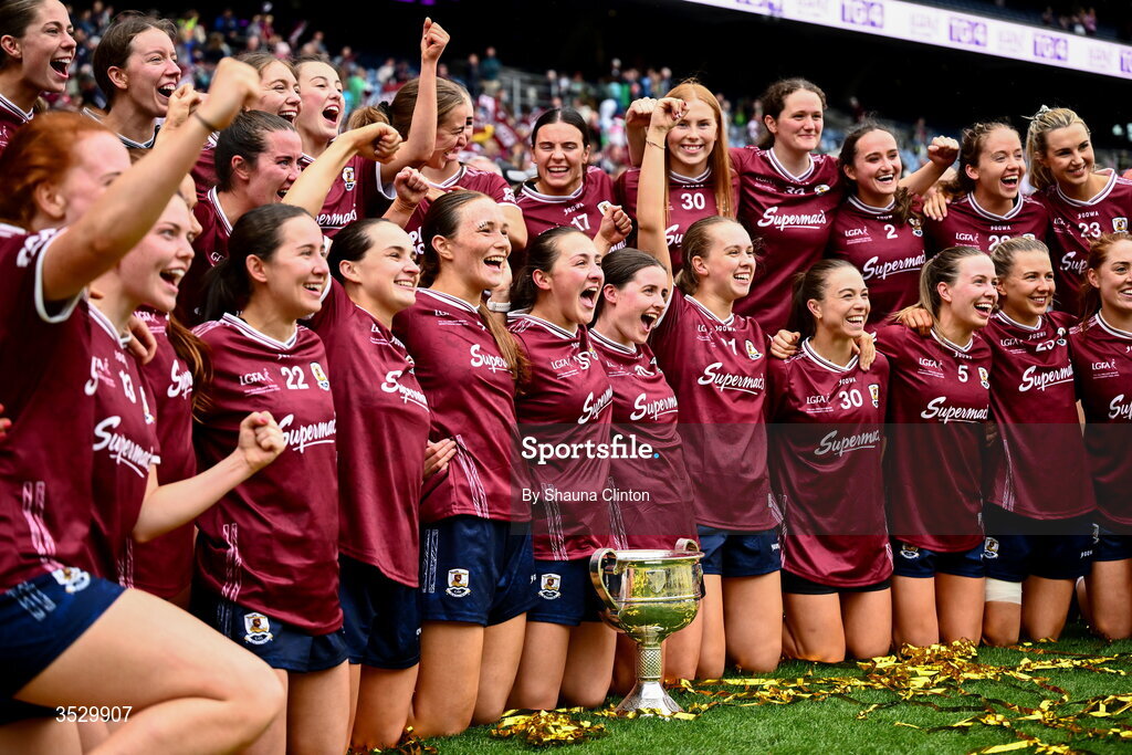 2 August 2026; Galway players Sarah Ní Loingsigh, centre, and team-mates celebrate after the LGFA TG4 All-Ireland Senior Championship final match between Galway and Kerry at Croke Park in Dublin. Photo by Shauna Clinton/Sportsfile