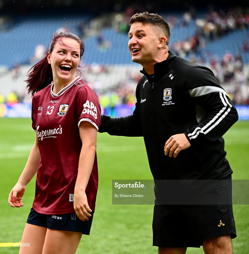 2 August 2026; Eva Noone of Galway celebrates with management after the LGFA TG4 All-Ireland Senior Championship final match between Galway and Kerry at Croke Park in Dublin. Photo by Shauna Clinton/Sportsfile